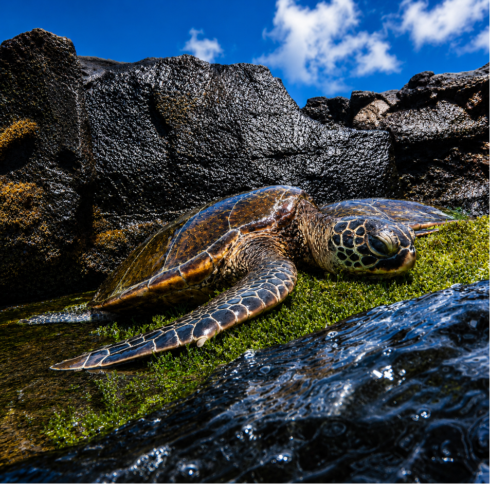 A Hawaiian green sea turtle (honu) resting on mossy lava rock